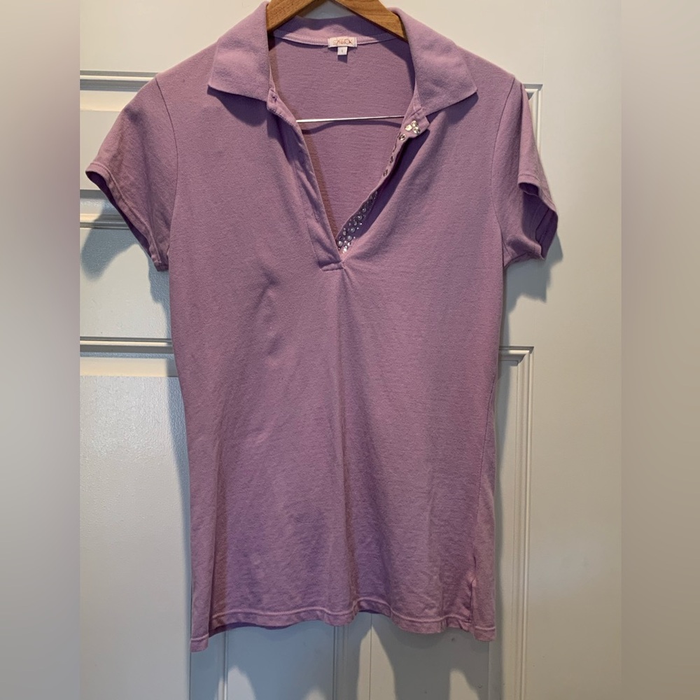 Vintage La Rok Shirt Top Short Sleeve Purple Embellished Button Blouse Size L